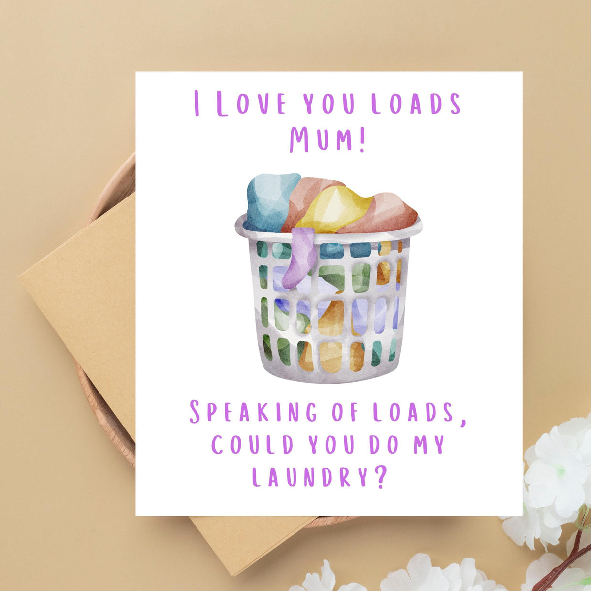 Humorous Laundry Card for Mum, Colorful Basket Illustration, Blank Inside