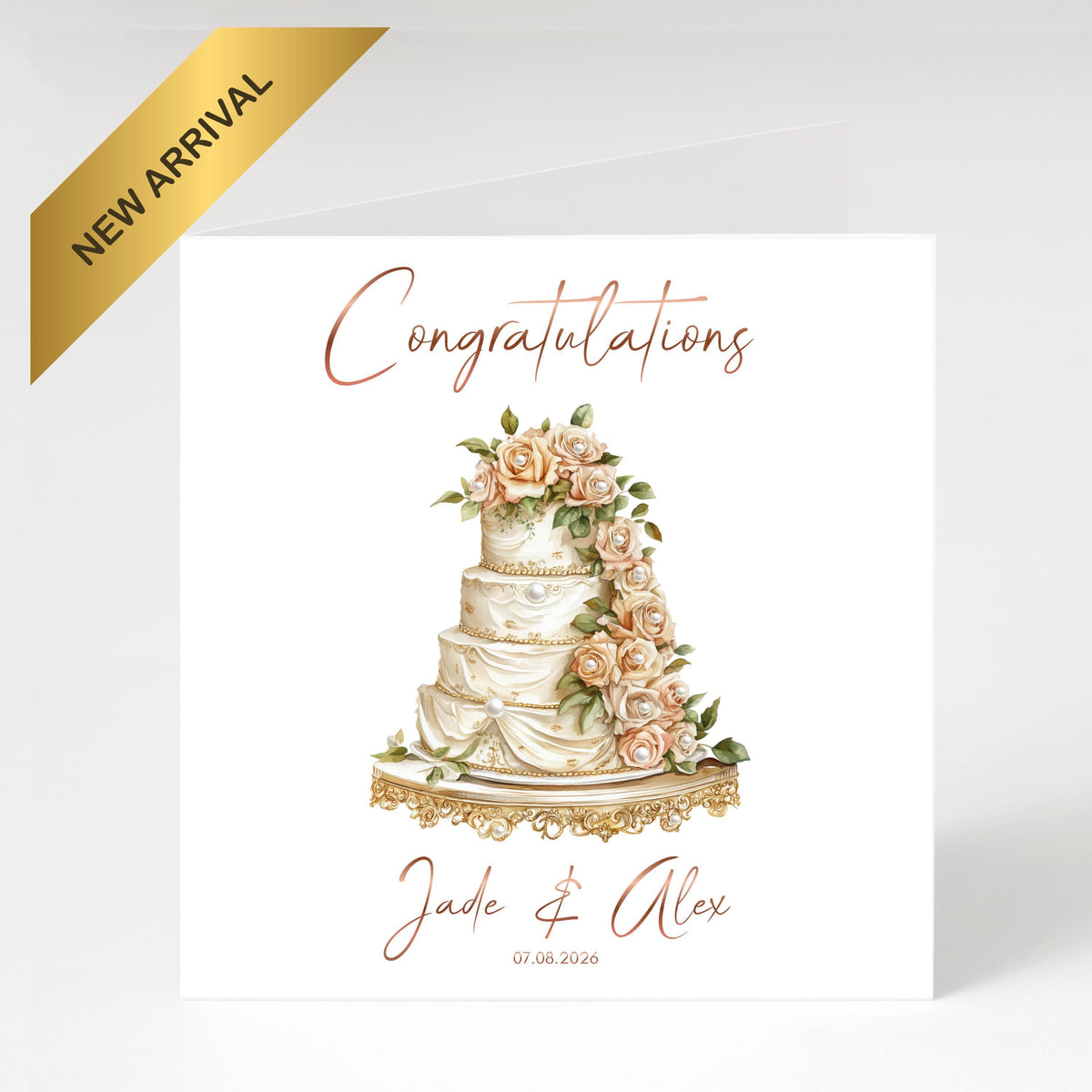 Personalized Wedding Card with Foil Finish and Faux Pearls, Custom Names and Date