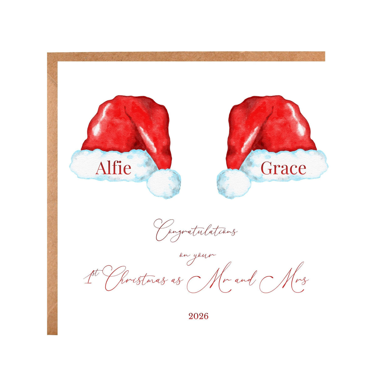 Personalised Mr And Mrs Card, First Christmas 2026 Santa Hat Design