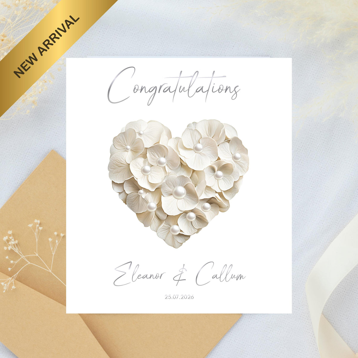 Custom Wedding Card, Gold Foil, Faux Pearls, Names and Date Included