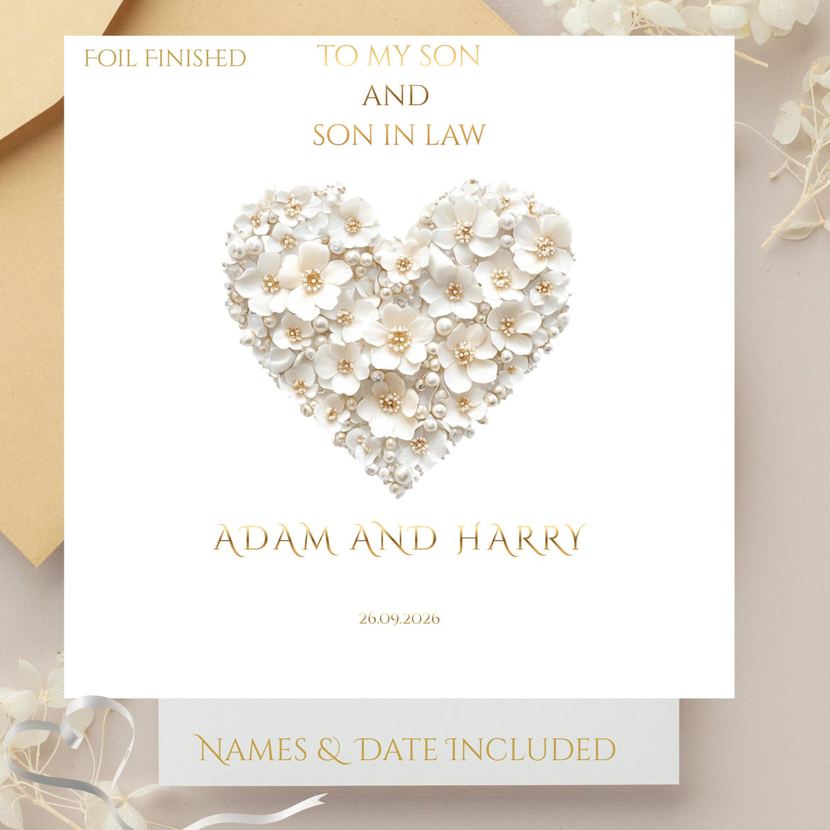 Personalized Wedding Card for Son and Son-in-Law, Custom Names and Date