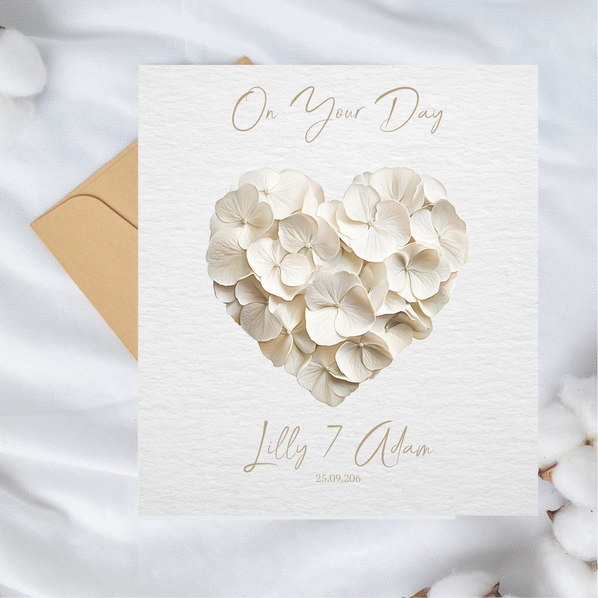 Custom Floral Heart Wedding Card, Personalized Names and Date, Foil Finish