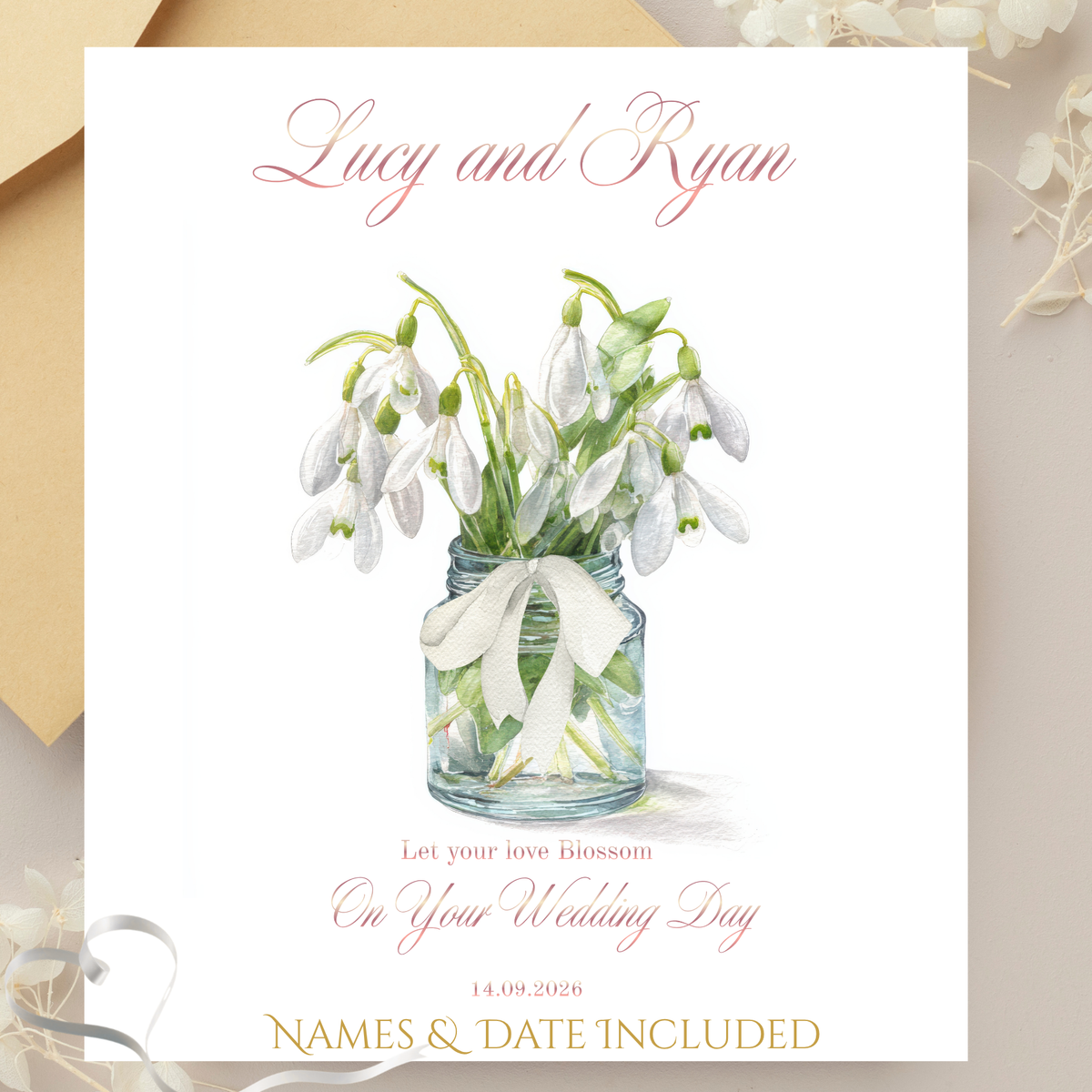 Personalised Wedding Card, Custom Name and Date Foil Finished