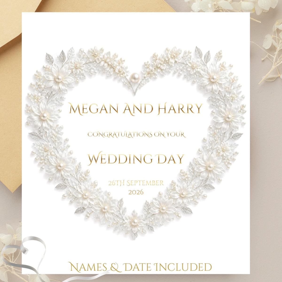 Custom Wedding Card with Foil Finish and Faux Pearl Accents