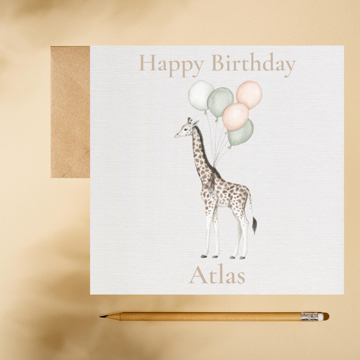 Personalised Giraffe Birthday Card, Pastel Balloons, Custom Name Keepsake, Linen Cardstock