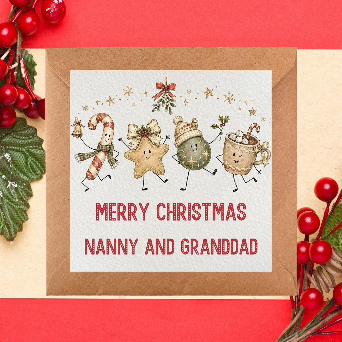 Personalized Family Christmas Card, Illustrated Holiday Scene with Names, 6x6 Paper And Cardstock