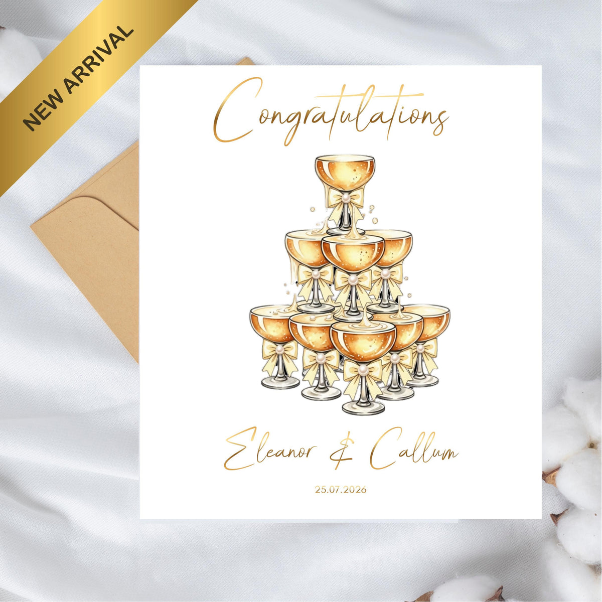 Custom Wedding Card with Foil Finish and Faux Pearls,  Names & Date Included