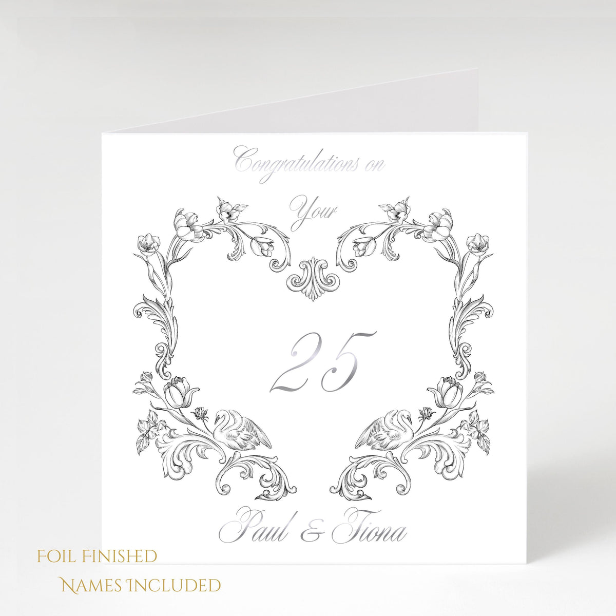 25Th Anniversary Card with Silver Foiled Design, Personalized Floral Keepsake