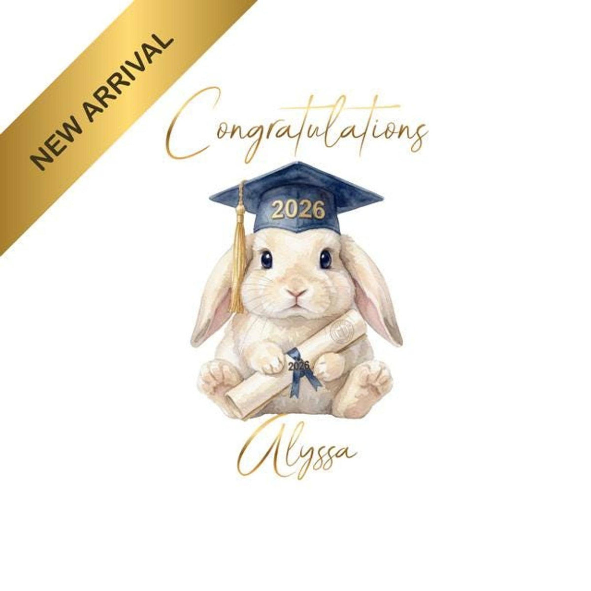 Custom Graduation Card with Bunny Illustration and Foil Finish Matching Gift Tag Available