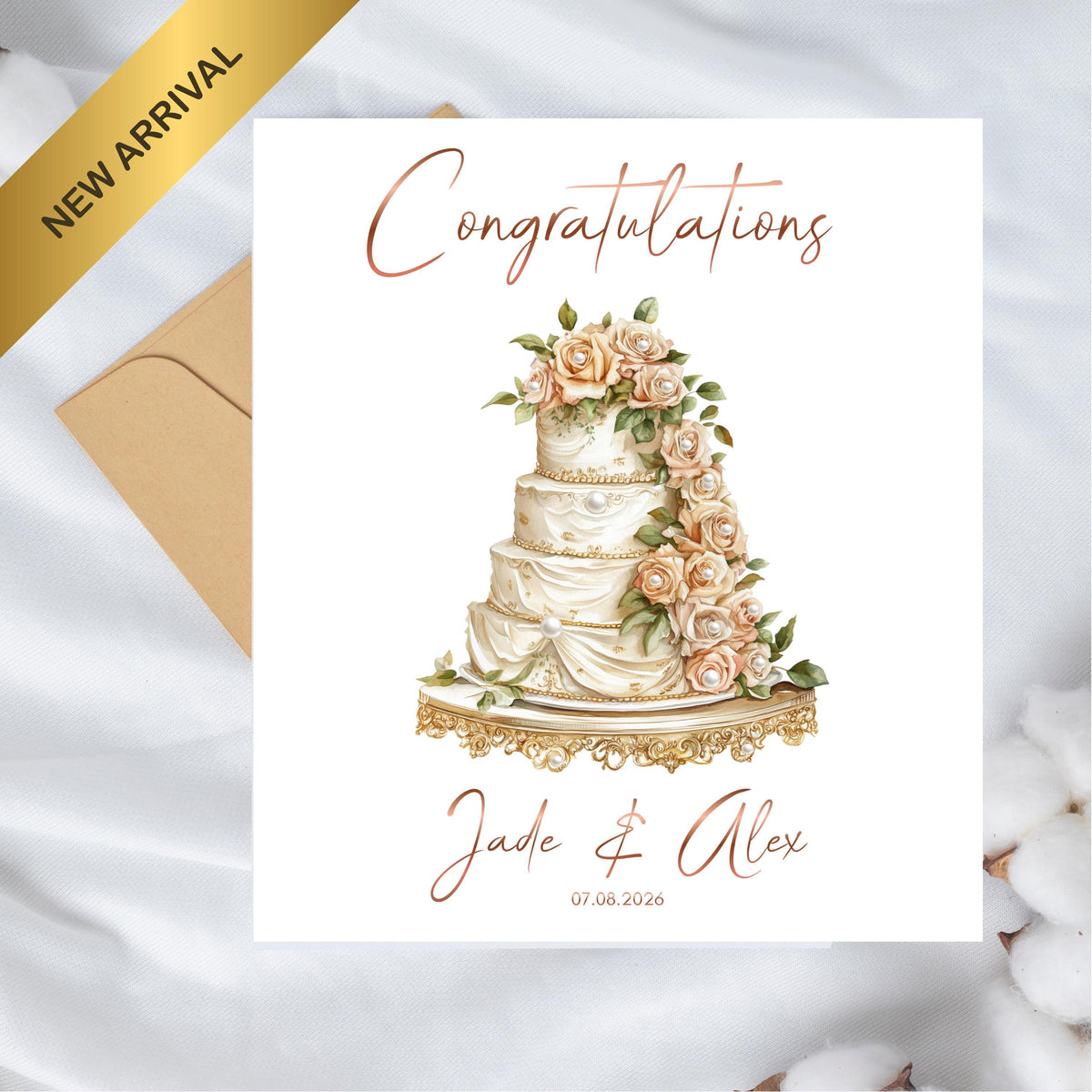 Personalized Wedding Card with Foil Finish and Faux Pearls, Custom Names and Date