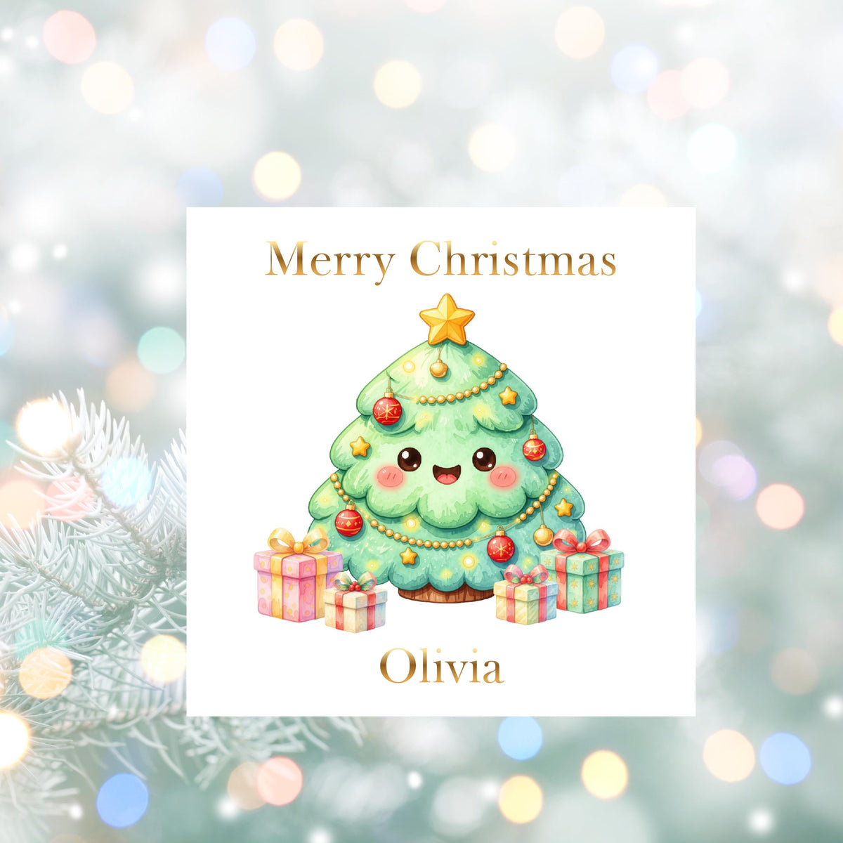 Personalised Name Christmas Tree Card, Gold Foil Finish