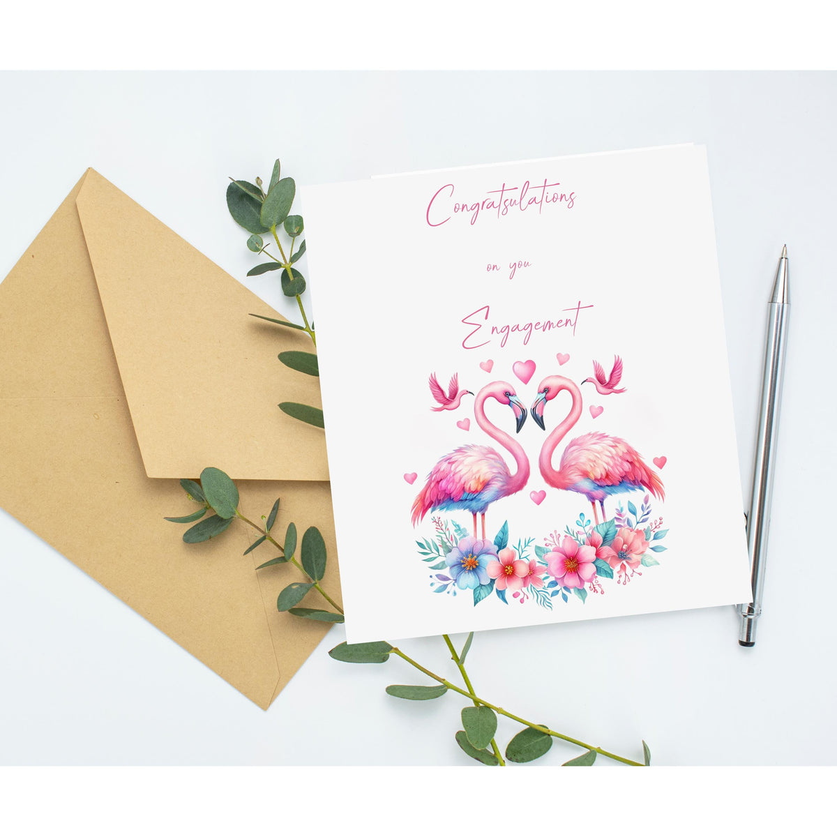 Engagement Card with Pink Flamingos, 6 x 6 Handwritten Style Design