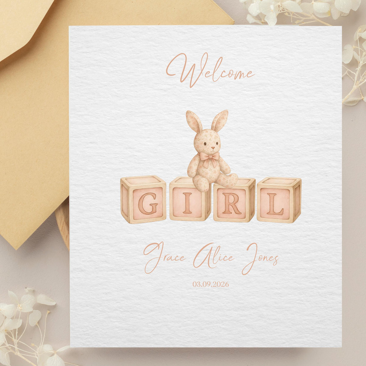 Birth Announcement Card, Personalized Baby Girl Keepsake With Name And Date