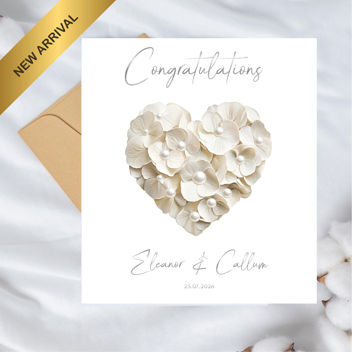 Custom Wedding Card, Gold Foil, Faux Pearls, Names and Date Included