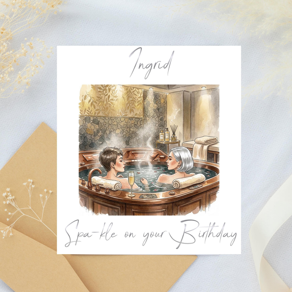 Spa Birthday Card with Foiled Name, Personalized Luxury Greeting for Spa Lovers