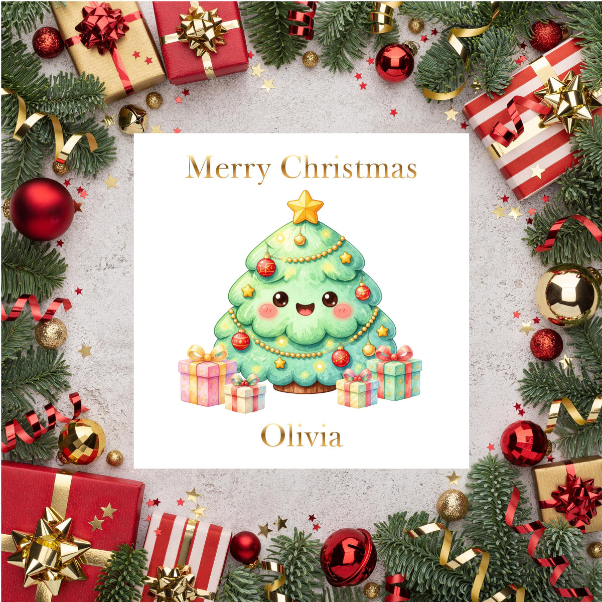 Personalised Name Christmas Tree Card, Gold Foil Finish