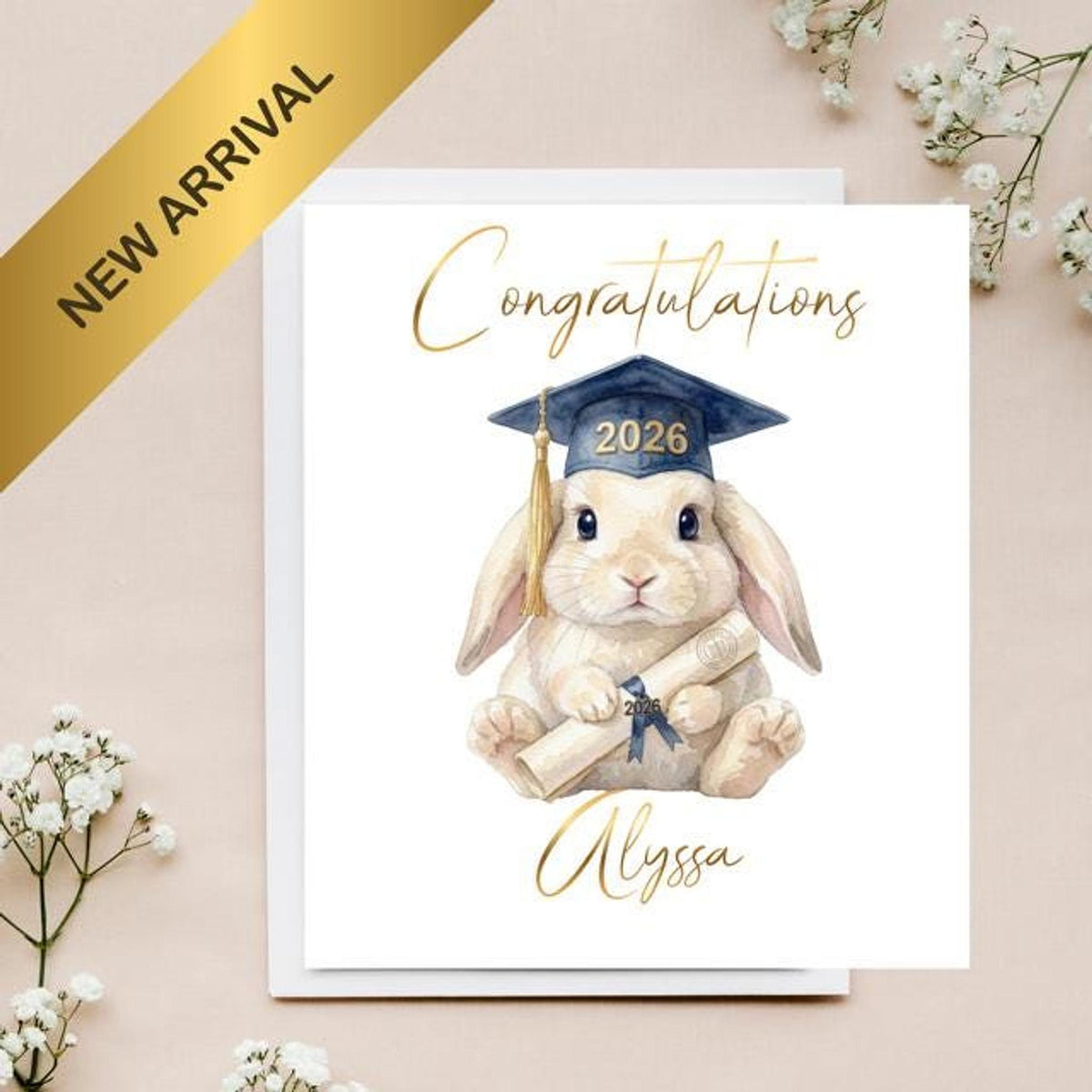 Custom Graduation Card with Bunny Illustration and Foil Finish Matching Gift Tag Available