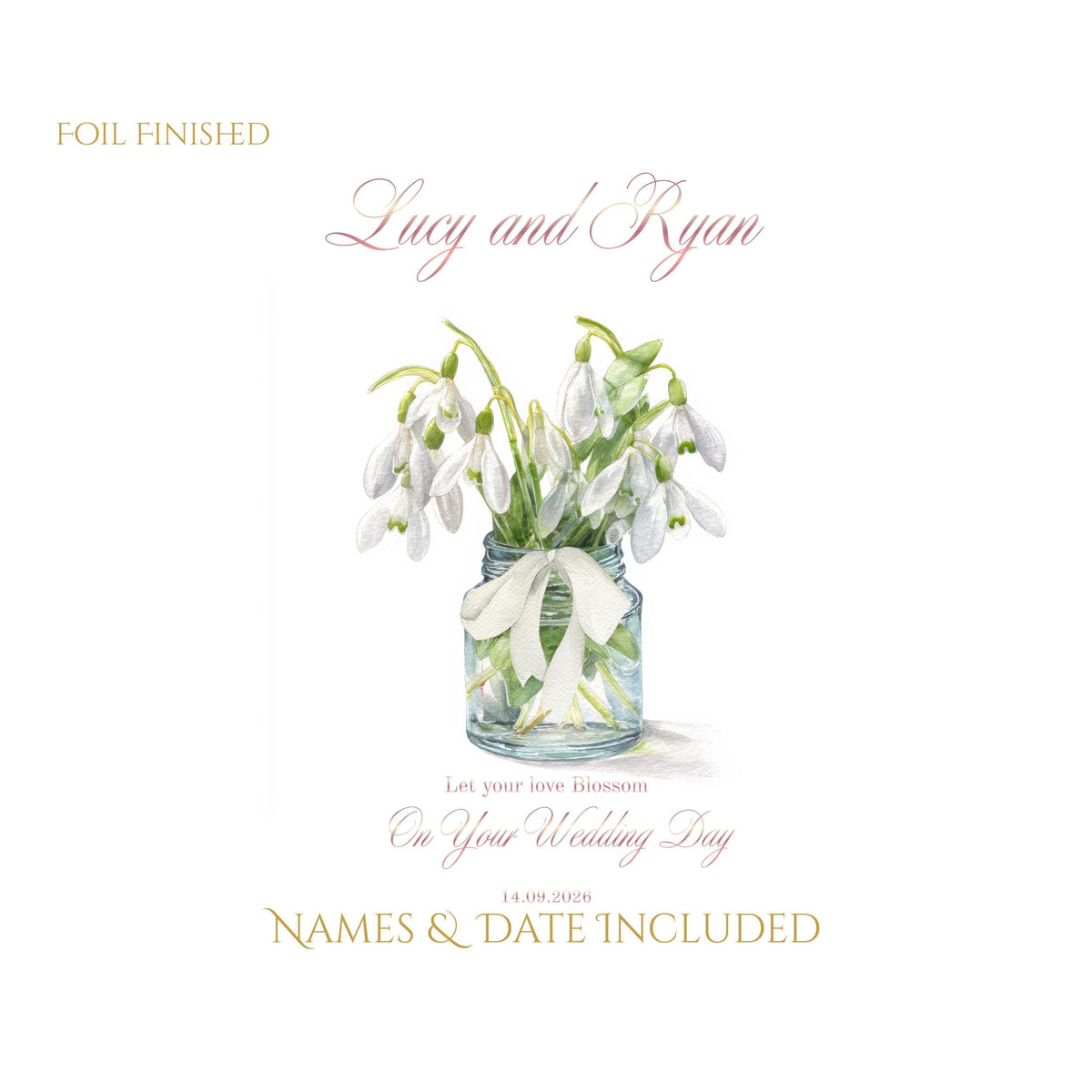 Personalised Snow Drop Wedding Card – Custom Names, Date, Floral Design