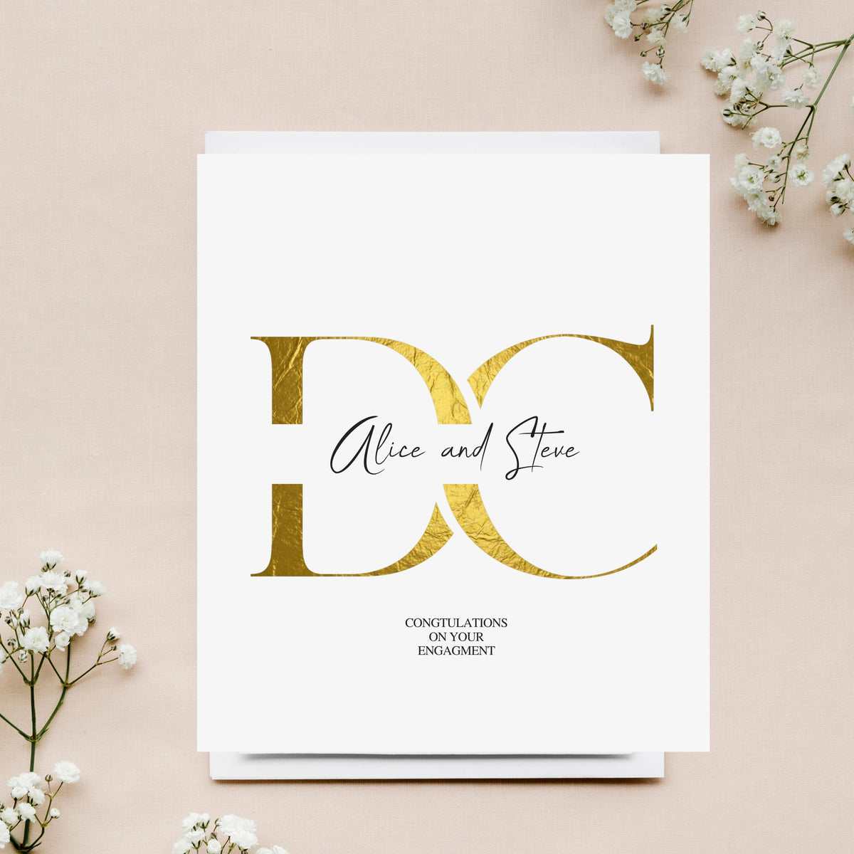 Engagement Card, 6 x 6 Inch Gold Foil Custom Names