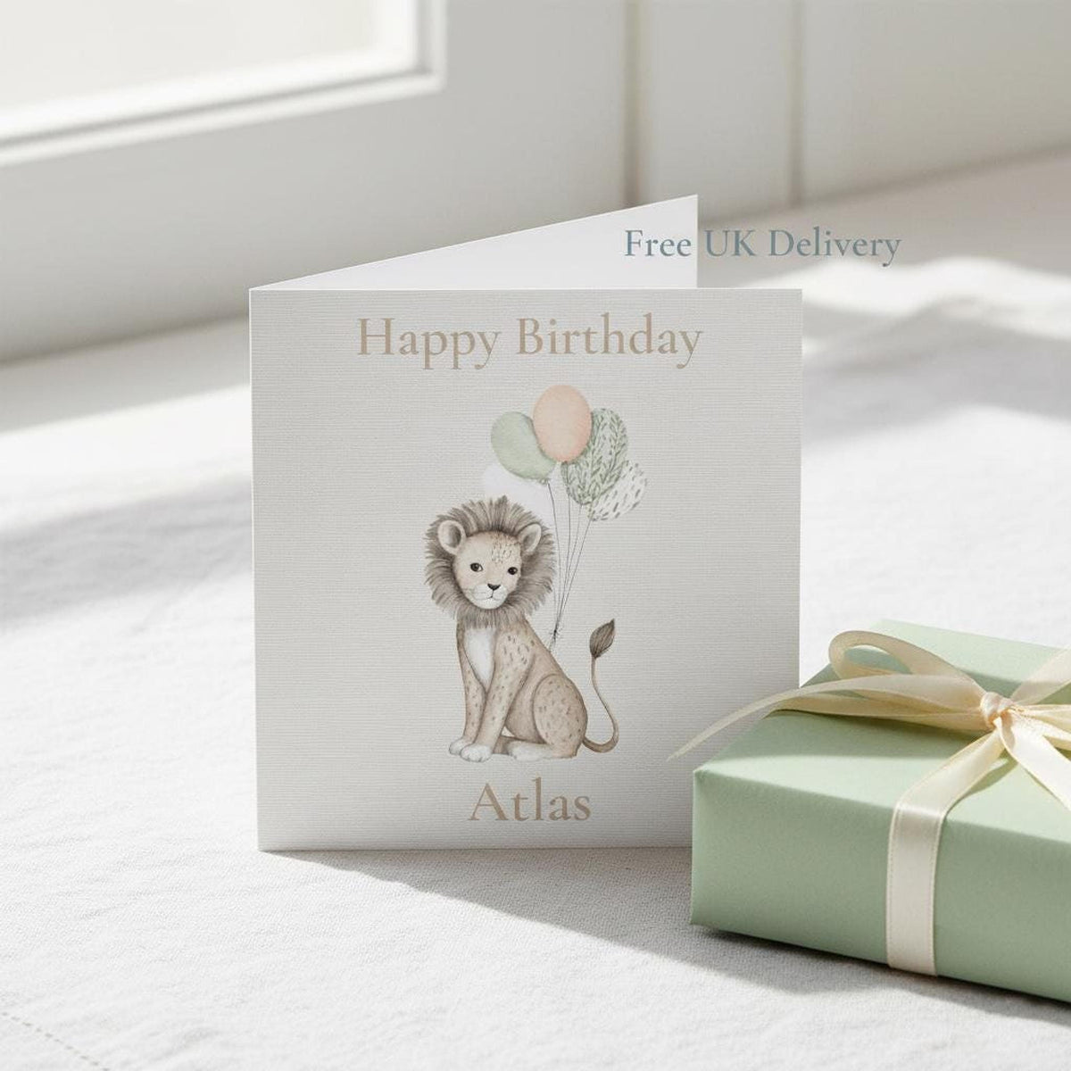 1St Birthday Card with Lion Illustration, Personalized Animal Themed Keepsake