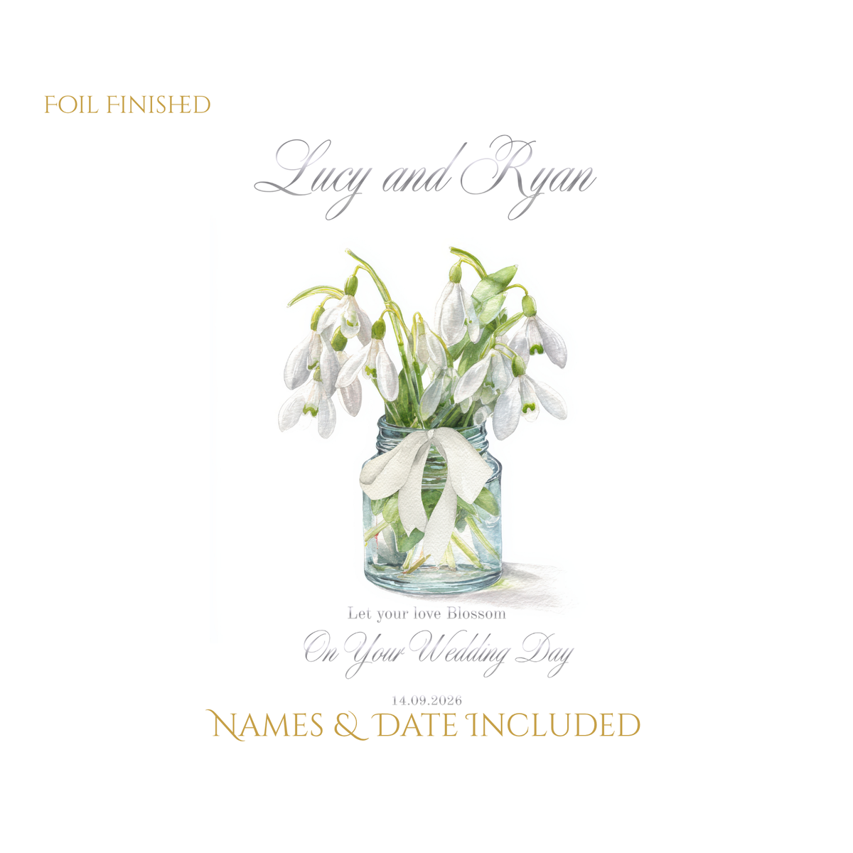 Personalised Wedding Card, Custom Name and Date Foil Finished
