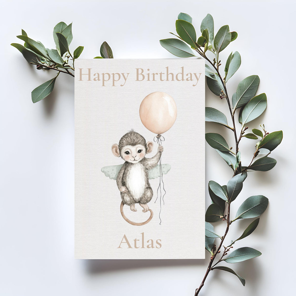 Personalised Baby Monkey Birthday Card | First 1st Celebration, Kids, Zoo Animal with Balloon, Custom