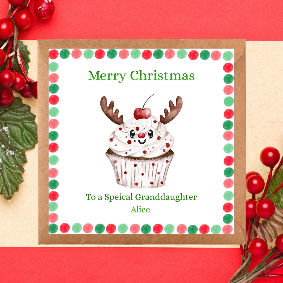 Personalized Card, Christmas Reindeer Cupcake Design with Seven Foil Colours