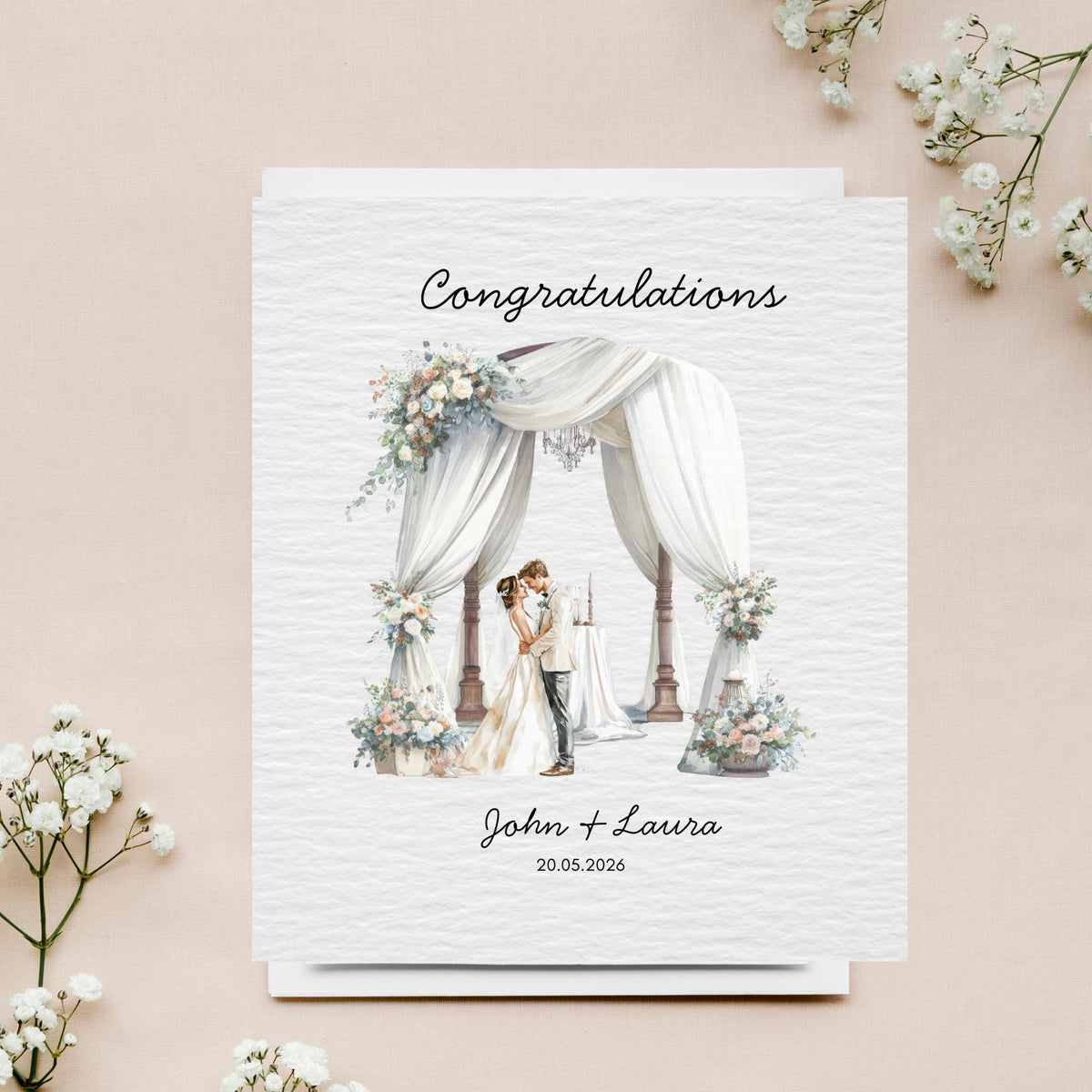 Custom Wedding Card with Floral Watercolour Design, Personalized Names and Date