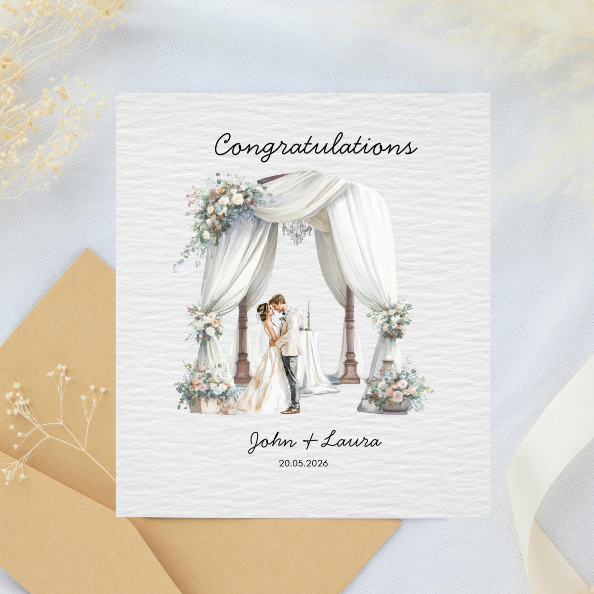Custom Wedding Card with Floral Watercolour Design, Personalized Names and Date