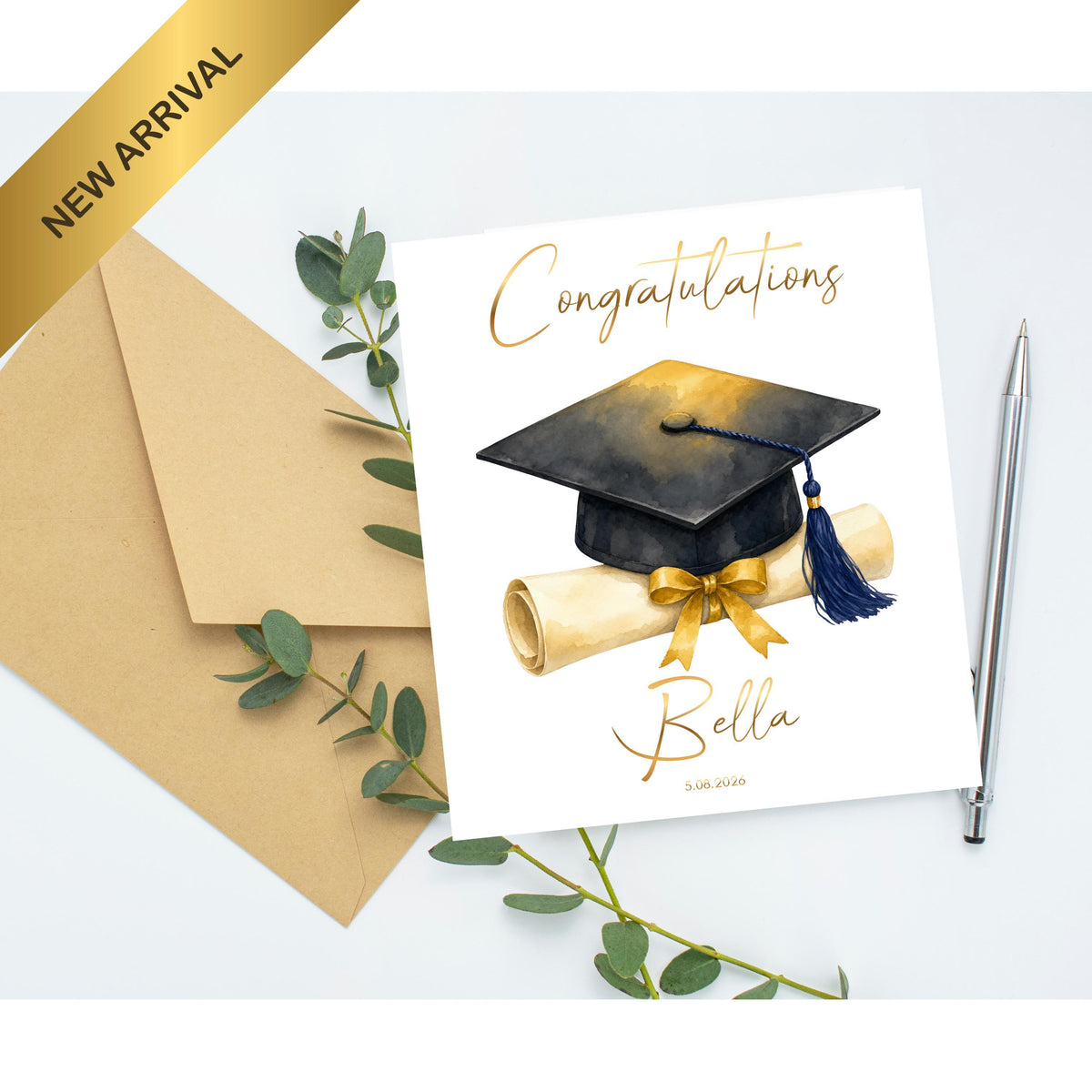 Foil Graduation Card, Custom Name and Date Design for Celebrations