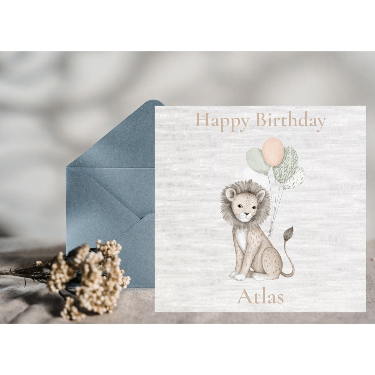 1St Birthday Card with Lion Illustration, Personalized Animal Themed Keepsake