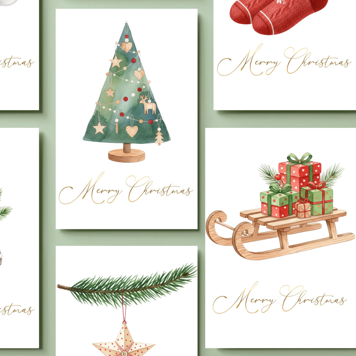 Christmas Card Set, Six Festive Greetings with Scandinavian Illustration's and Gold Foil