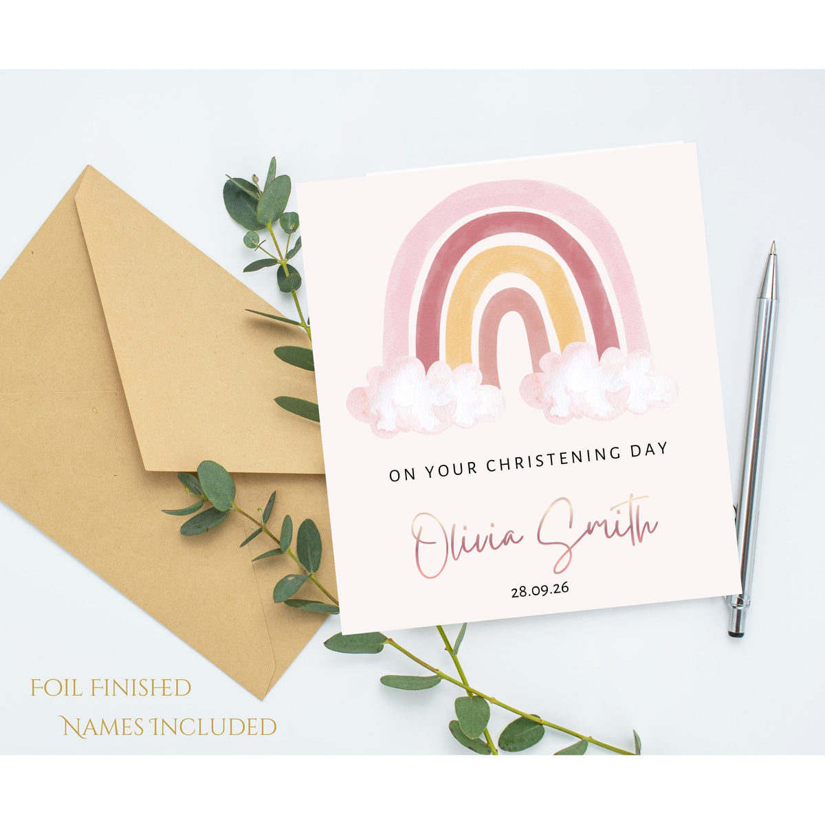 Personalised Rainbow Girls Christening Card with Rose Gold Name Custom Date
