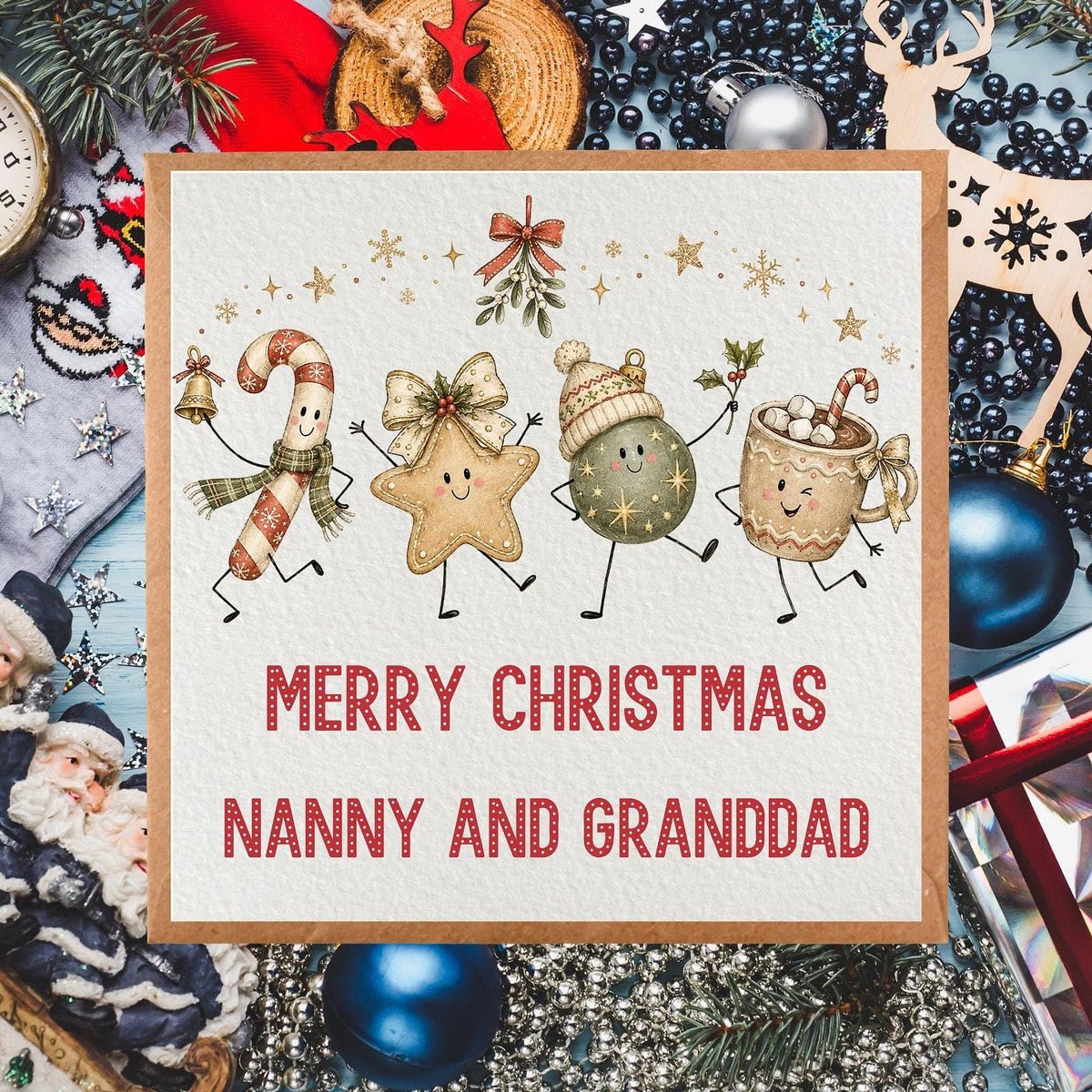 Personalized Family Christmas Card, Illustrated Holiday Scene with Names, 6x6 Paper And Cardstock