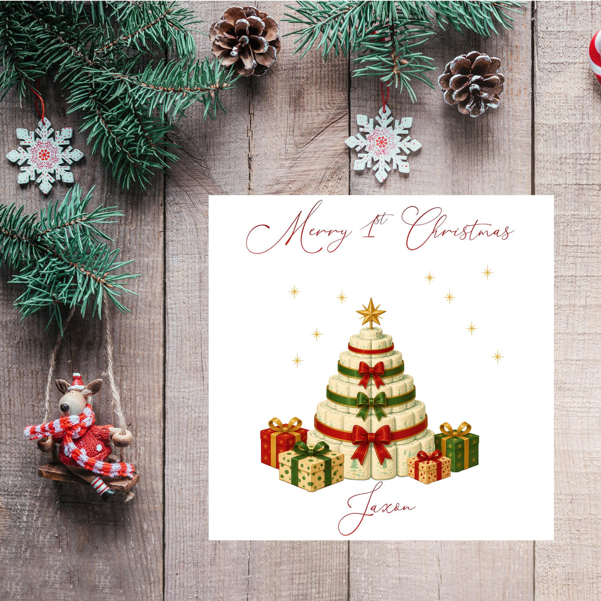 Personalised 1st Christmas Card, Custom Child Name 1st Greeting, Red Foil Finish