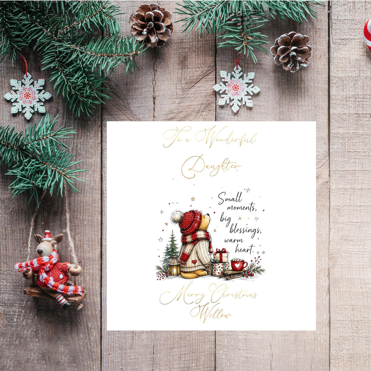 Christmas Card, Personalised Foil Finish with Festive Teddy Bear