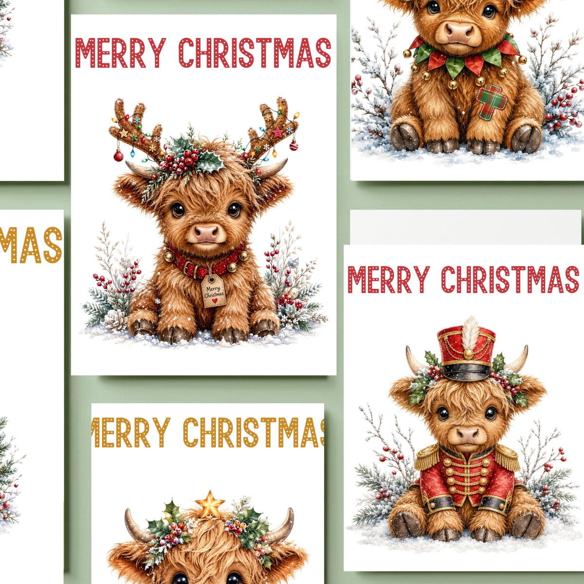 Christmas Card Set, Six Highland Cow Designs, 3 x 6 Inch Glossy Cardstock
