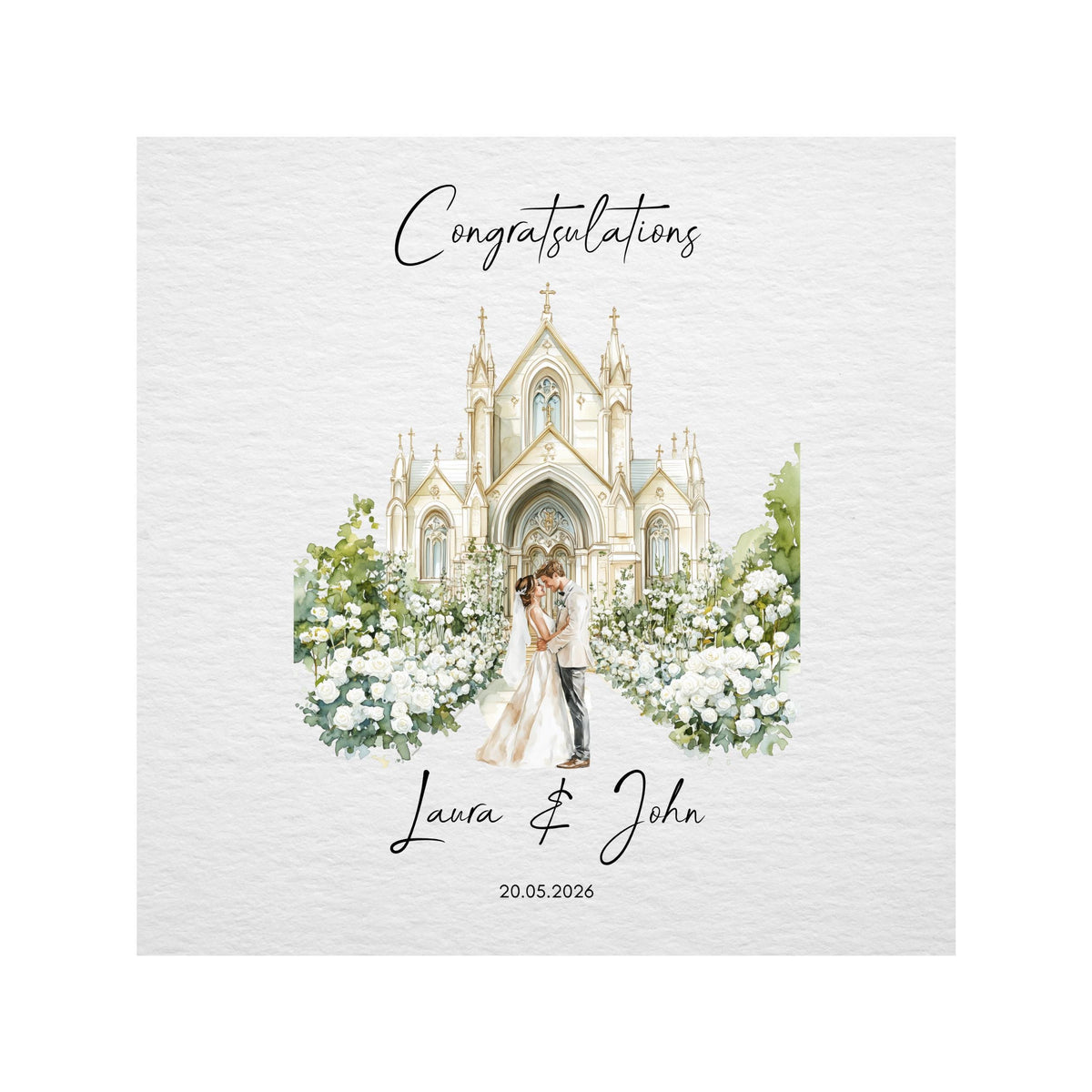 Custom Wedding Card with Couple's Names and Date, Floral Church Design