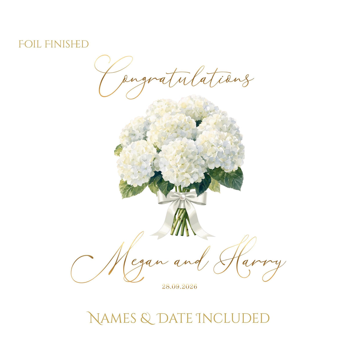 Wedding Card Foil with Hydrangea Design, Custom Names and Date