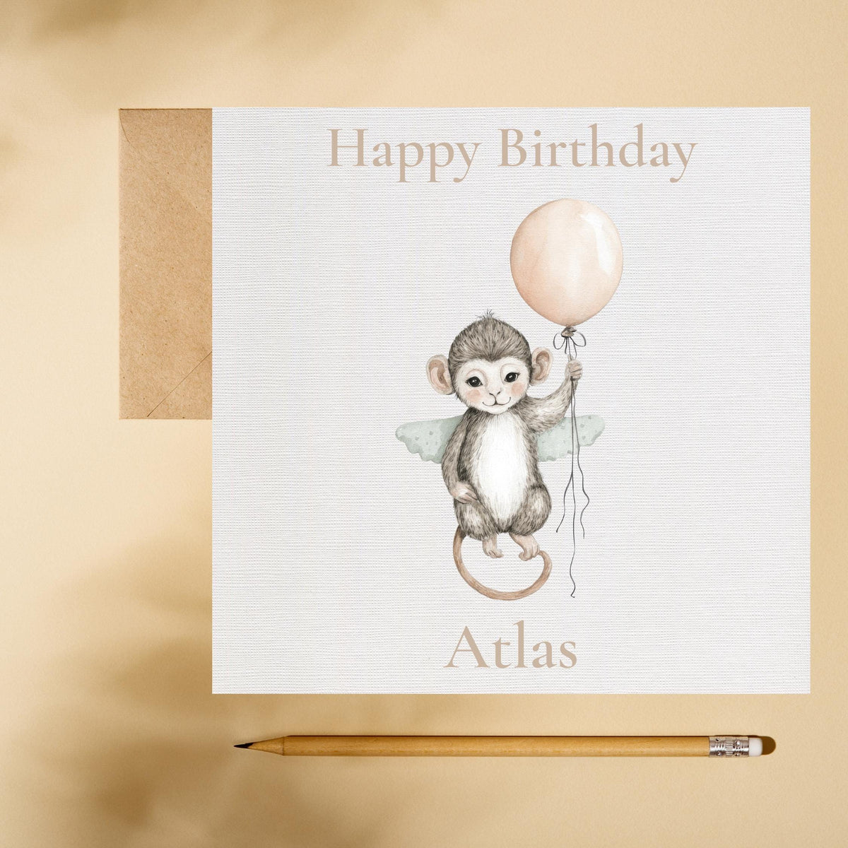 Personalised Baby Monkey Birthday Card | First 1st Celebration, Kids, Zoo Animal with Balloon, Custom