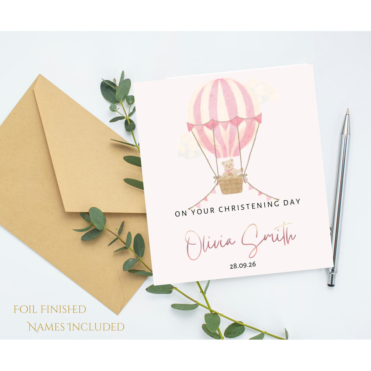 Christening Card with Rose Gold Foil Name, Hot Air Balloon Design