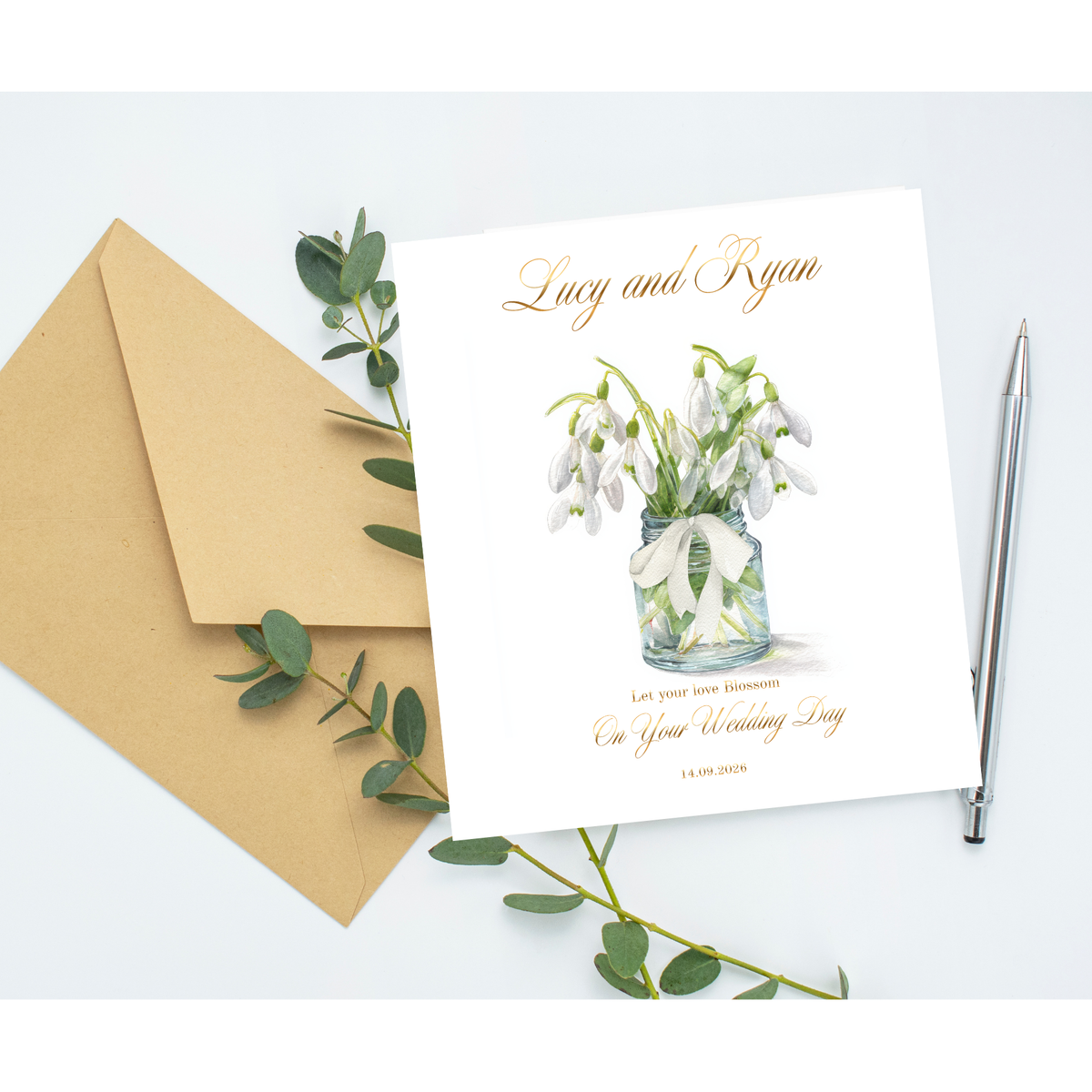 Personalised Wedding Card, Custom Name and Date Foil Finished