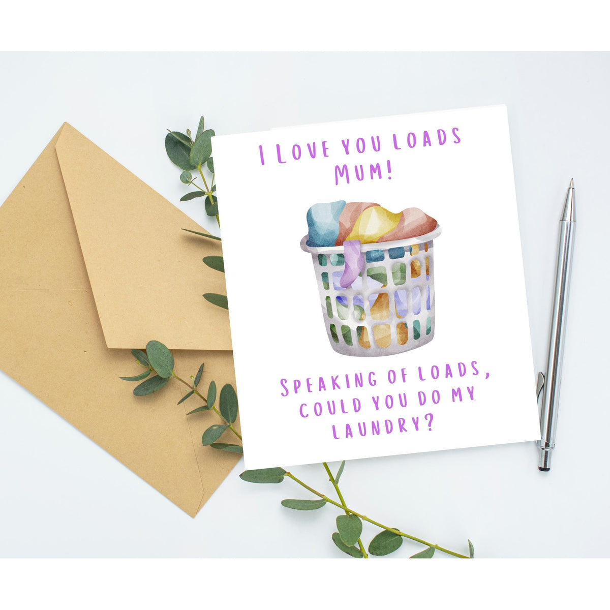 Humorous Laundry Card for Mum, Colorful Basket Illustration, Blank Inside