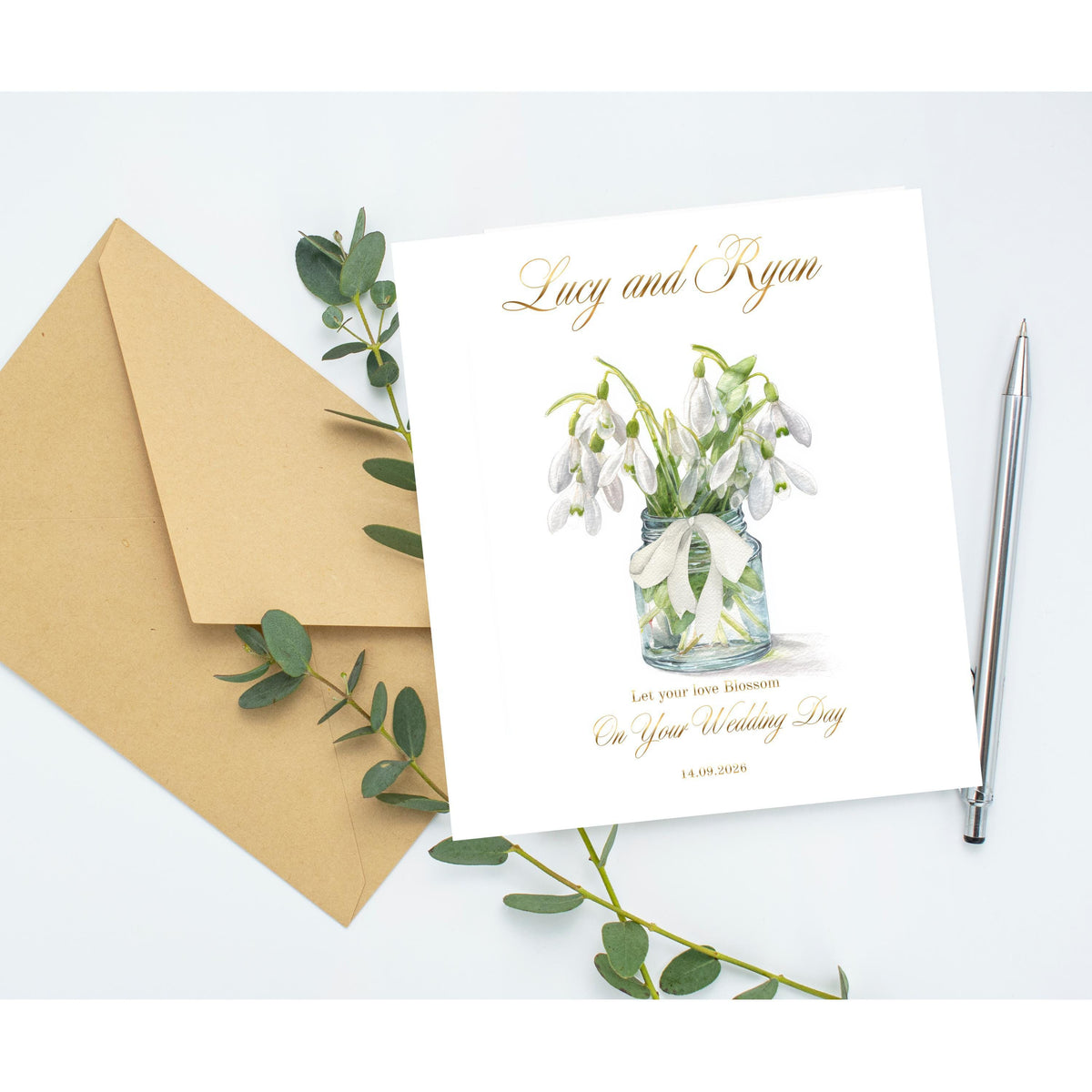 Personalised Snow Drop Wedding Card – Custom Names, Date, Floral Design