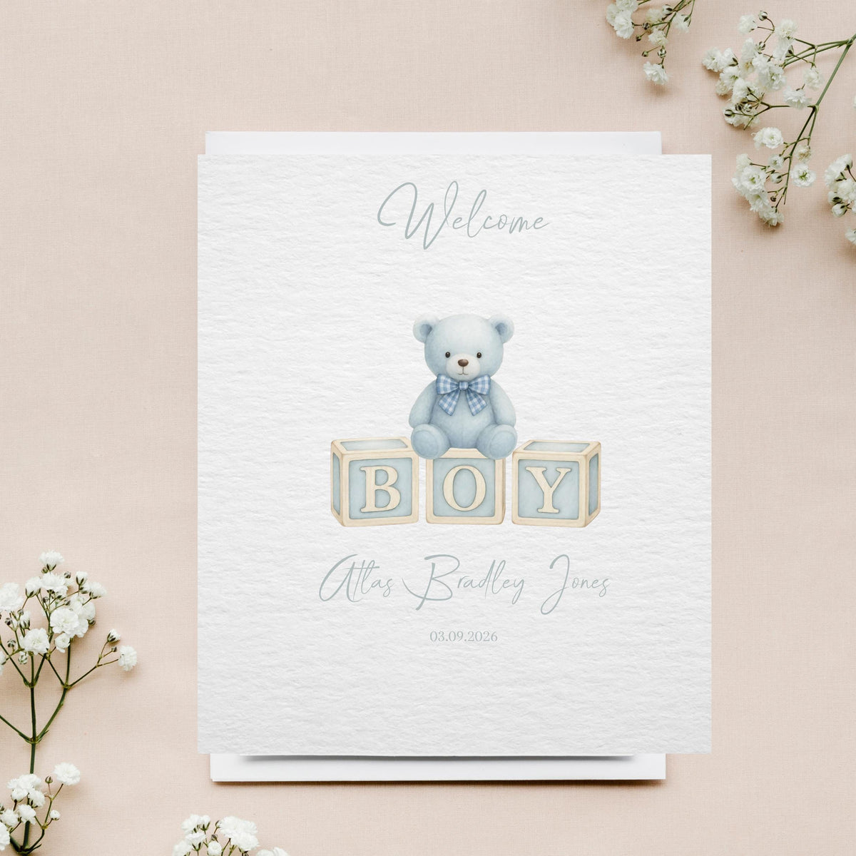 Name And Date Card, Personalized Newborn Keepsake with Teddy Bear