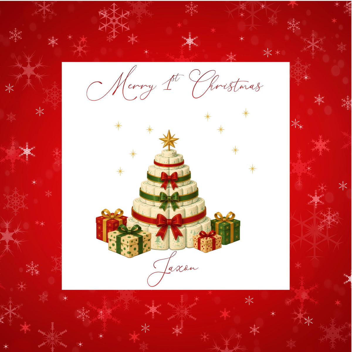 Personalised 1st Christmas Card, Custom Child Name 1st Greeting, Red Foil Finish