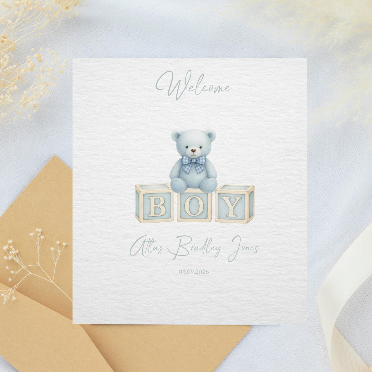 Name And Date Card, Personalized Newborn Keepsake with Teddy Bear