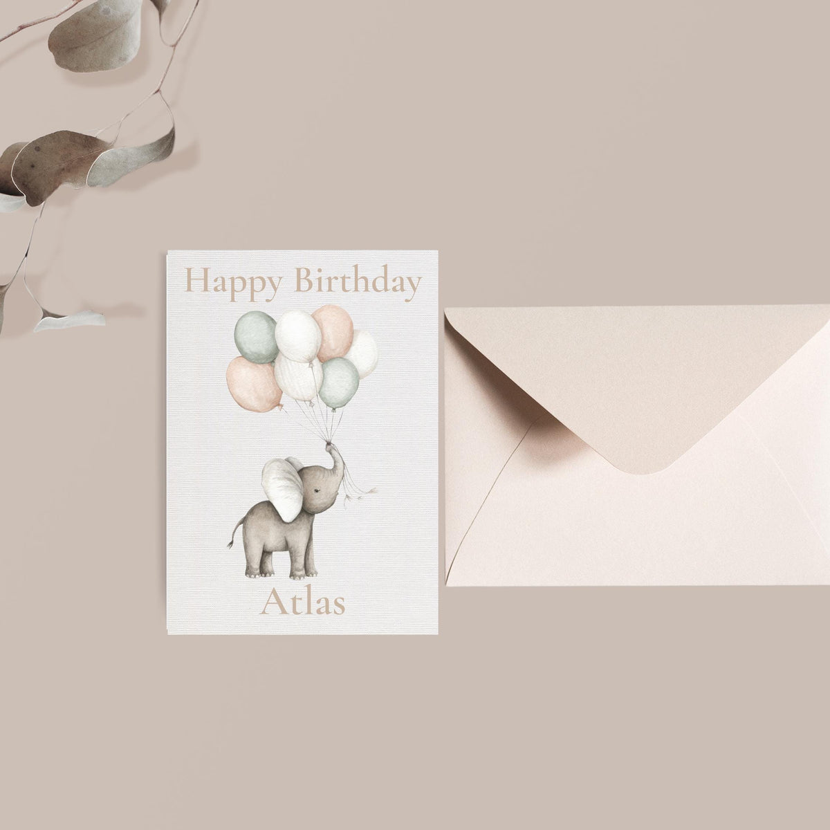 Custom Birthday Card, Elephant Illustration with Balloon Art, Kid's Gift