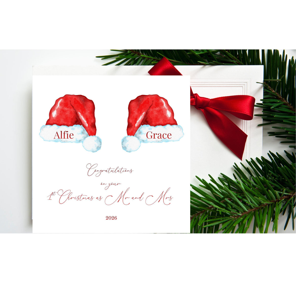 Personalised Mr And Mrs Card, First Christmas 2026 Santa Hat Design