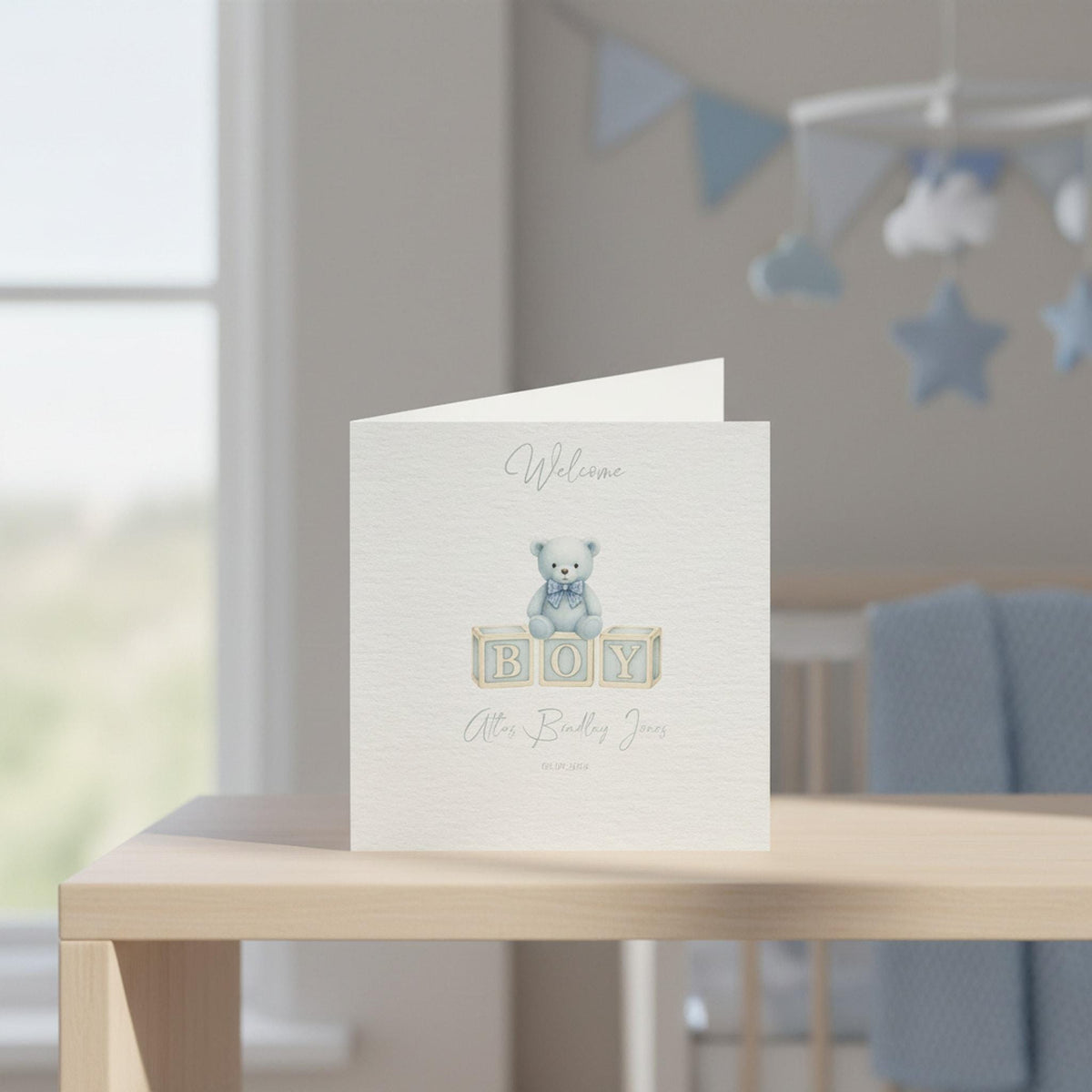 Name And Date Card, Personalized Newborn Keepsake with Teddy Bear